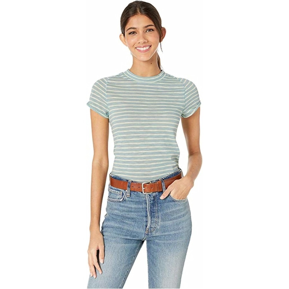 We The Free Women's Striped Tee Short Sleeve Crew Neck Casual Blue- Size Large